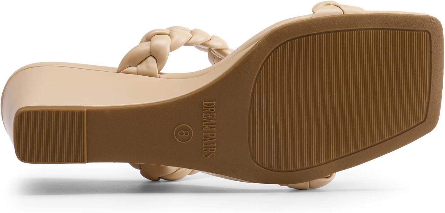 imageDREAM PAIRS Women Slides Wedge Sandals Braided Straps Square Open Toe Dress Casual ShoesNude