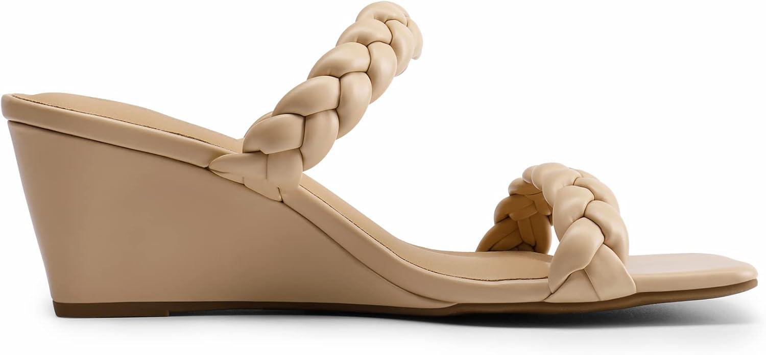 imageDREAM PAIRS Women Slides Wedge Sandals Braided Straps Square Open Toe Dress Casual ShoesNude