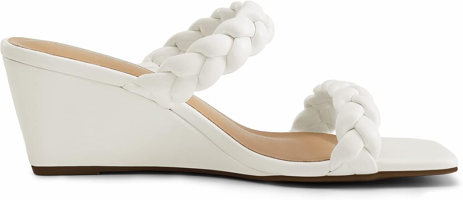 imageDREAM PAIRS Women Slides Wedge Sandals Braided Straps Square Open Toe Dress Casual ShoesWhite