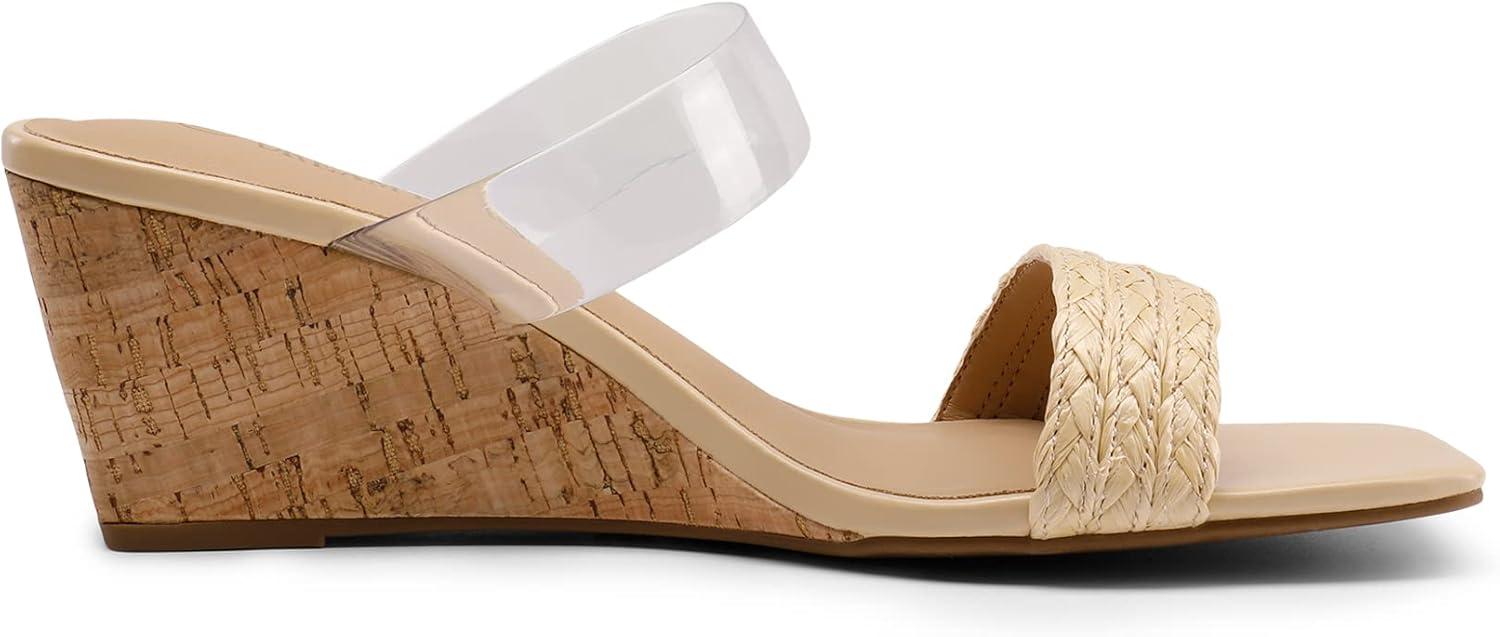 imageDREAM PAIRS Women Slides Wedge Sandals Square Open Toe Dress Casual Strappy ShoesClear