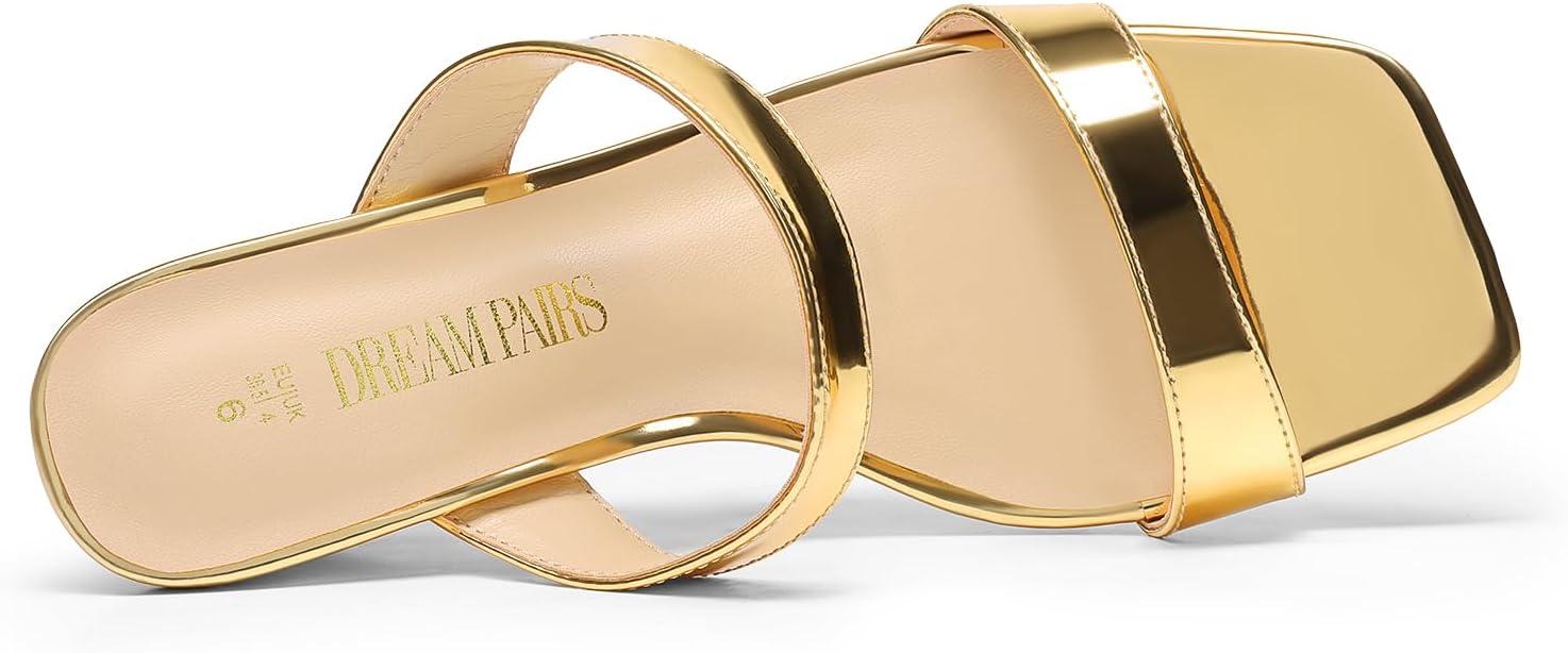imageDREAM PAIRS Women Slides Wedge Sandals Square Open Toe Dress Casual Strappy ShoesGoldpat