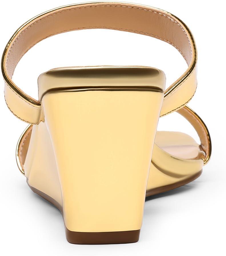 imageDREAM PAIRS Women Slides Wedge Sandals Square Open Toe Dress Casual Strappy ShoesGoldpat