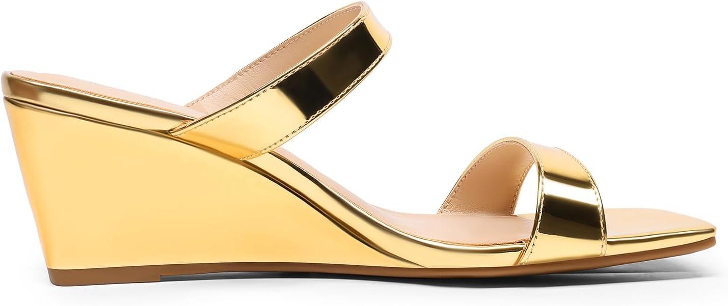 imageDREAM PAIRS Women Slides Wedge Sandals Square Open Toe Dress Casual Strappy ShoesGoldpat