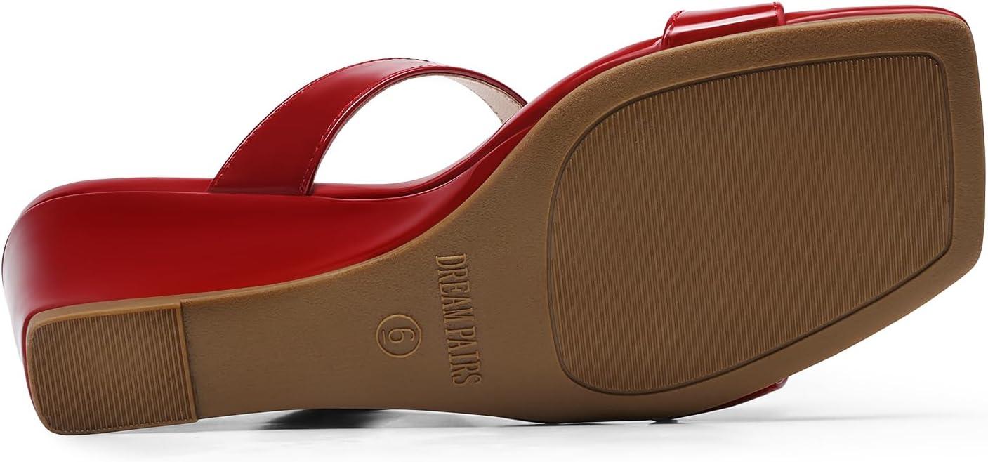 imageDREAM PAIRS Women Slides Wedge Sandals Square Open Toe Dress Casual Strappy ShoesRedpat