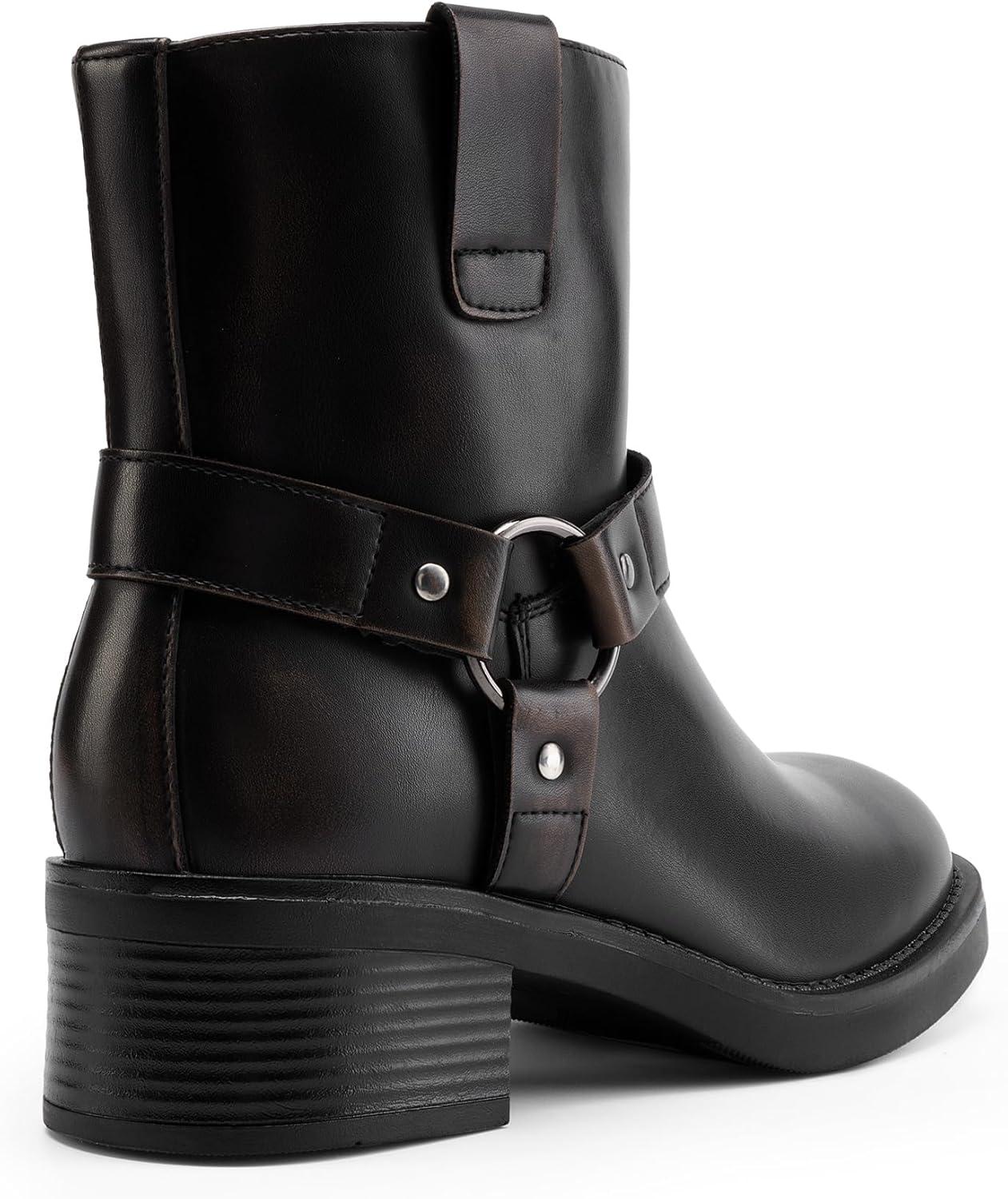 imageDREAM PAIRS Womens Ankle Booties Side Zipper Motorcycle Boots Square Toe Chunky Low Heel Fashion Buckles Biker Riding BootsBlackBrown