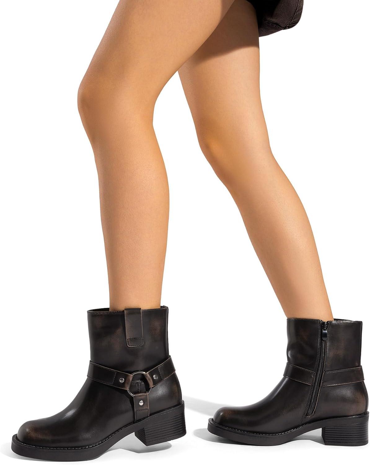 imageDREAM PAIRS Womens Ankle Booties Side Zipper Motorcycle Boots Square Toe Chunky Low Heel Fashion Buckles Biker Riding BootsBlackBrown