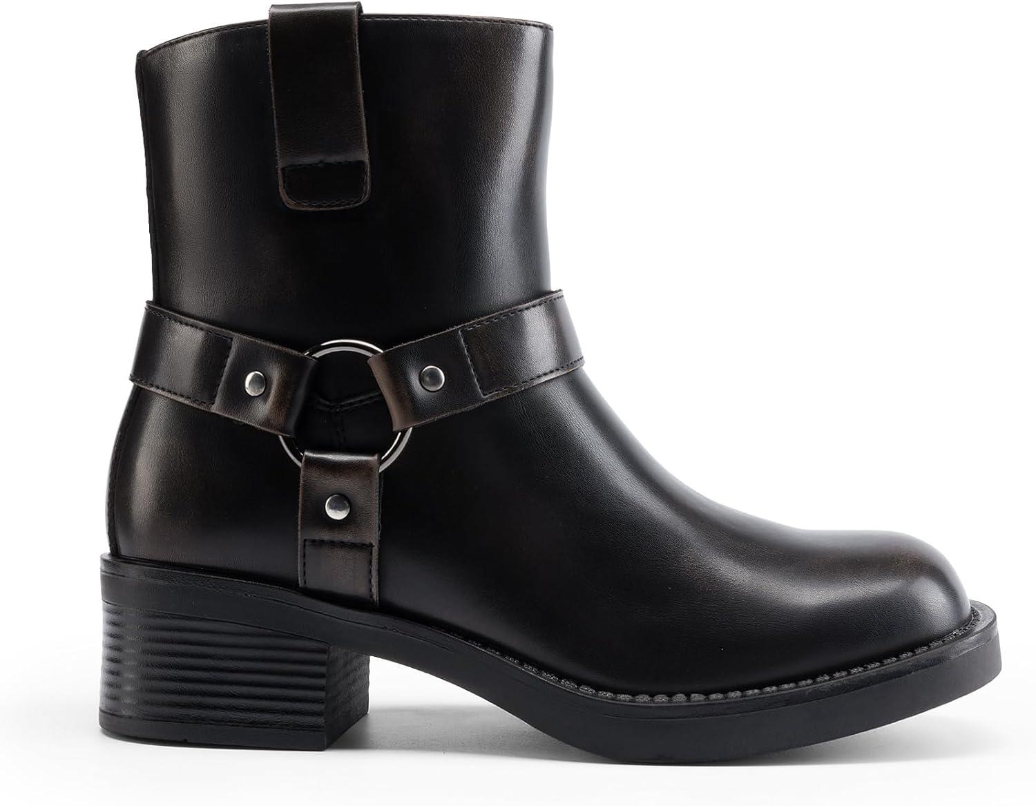 imageDREAM PAIRS Womens Ankle Booties Side Zipper Motorcycle Boots Square Toe Chunky Low Heel Fashion Buckles Biker Riding BootsBlackBrown