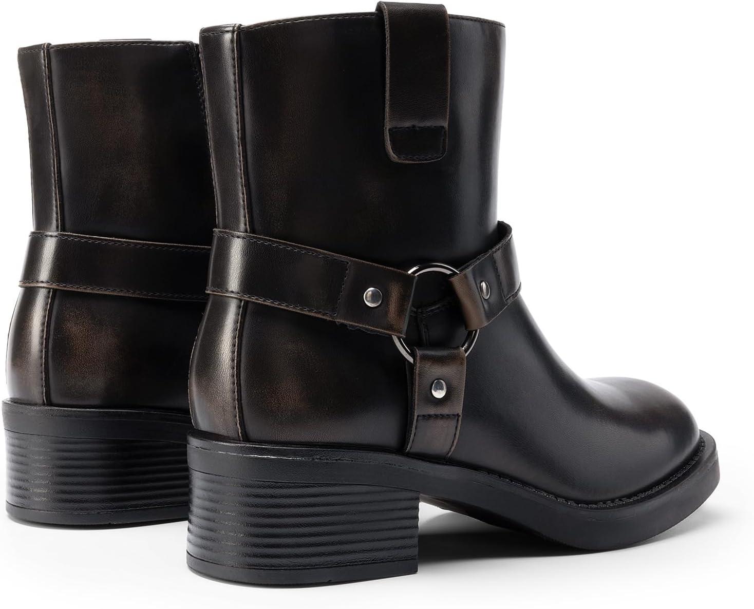 imageDREAM PAIRS Womens Ankle Booties Side Zipper Motorcycle Boots Square Toe Chunky Low Heel Fashion Buckles Biker Riding BootsBlackBrown