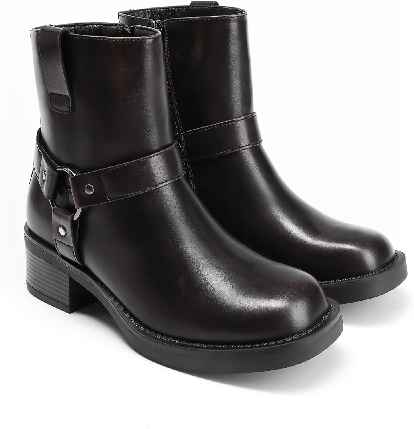 imageDREAM PAIRS Womens Ankle Booties Side Zipper Motorcycle Boots Square Toe Chunky Low Heel Fashion Buckles Biker Riding BootsBlackBrown