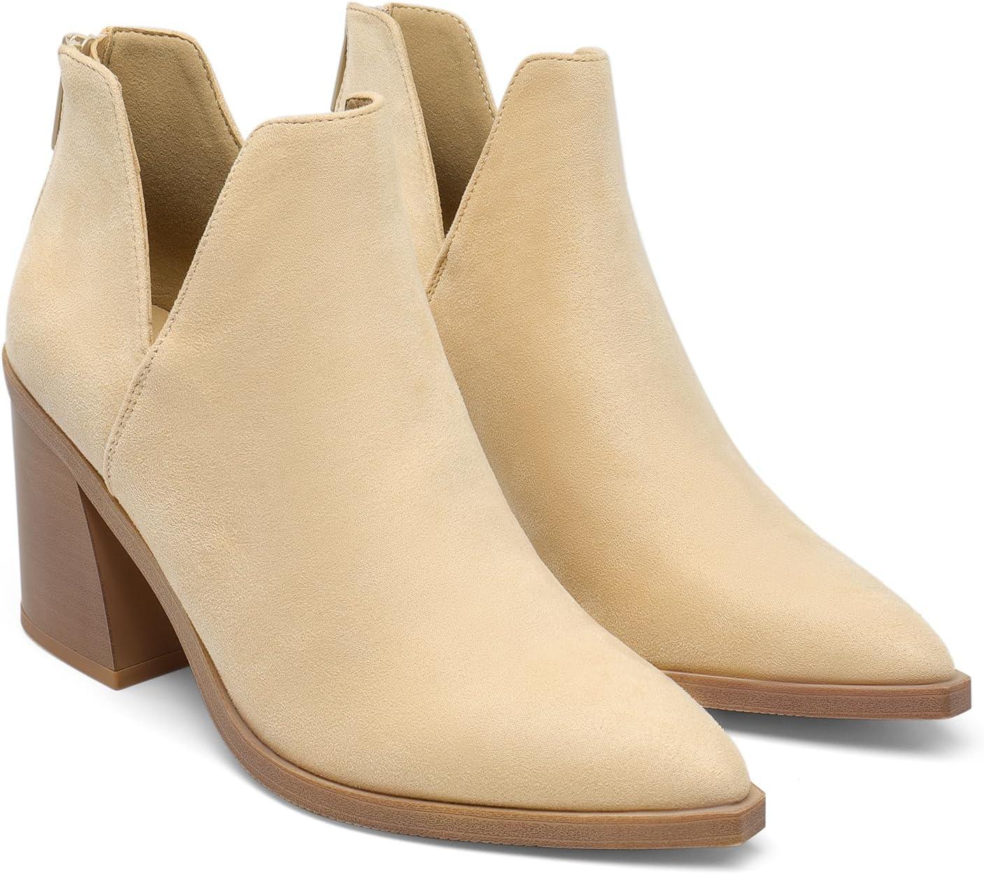 imageDREAM PAIRS Womens Ankle Boots Chunky Heel Pointed Toe Short Booties ShoesNudesuede