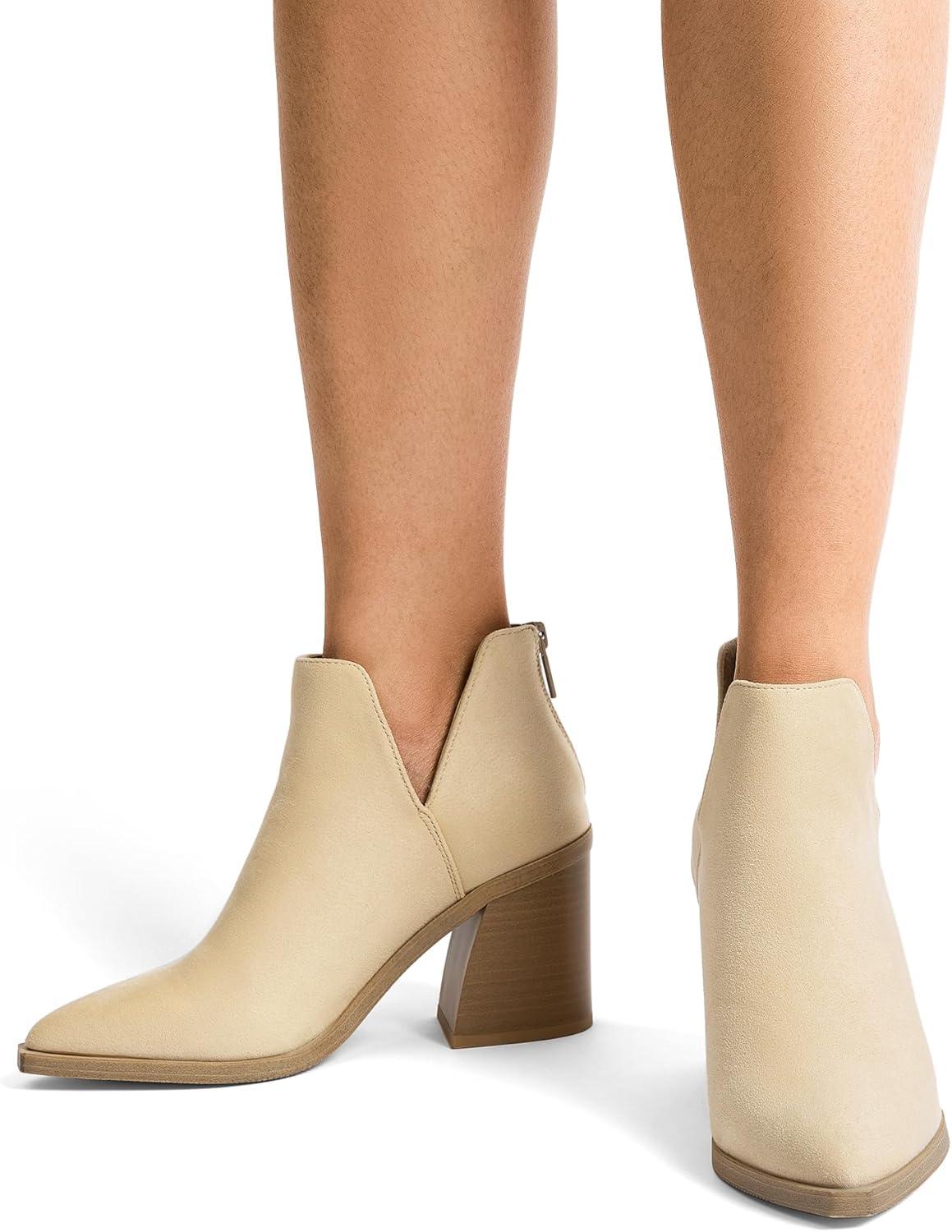 imageDREAM PAIRS Womens Ankle Boots Chunky Heel Pointed Toe Short Booties ShoesNudesuede