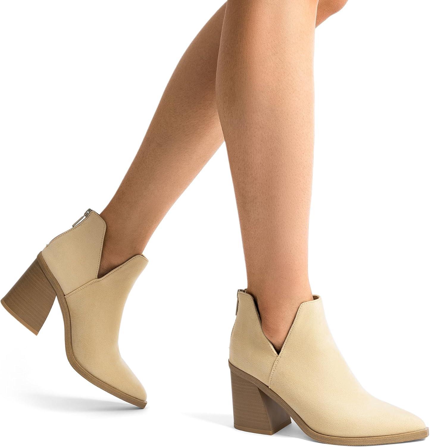 imageDREAM PAIRS Womens Ankle Boots Chunky Heel Pointed Toe Short Booties ShoesNudesuede