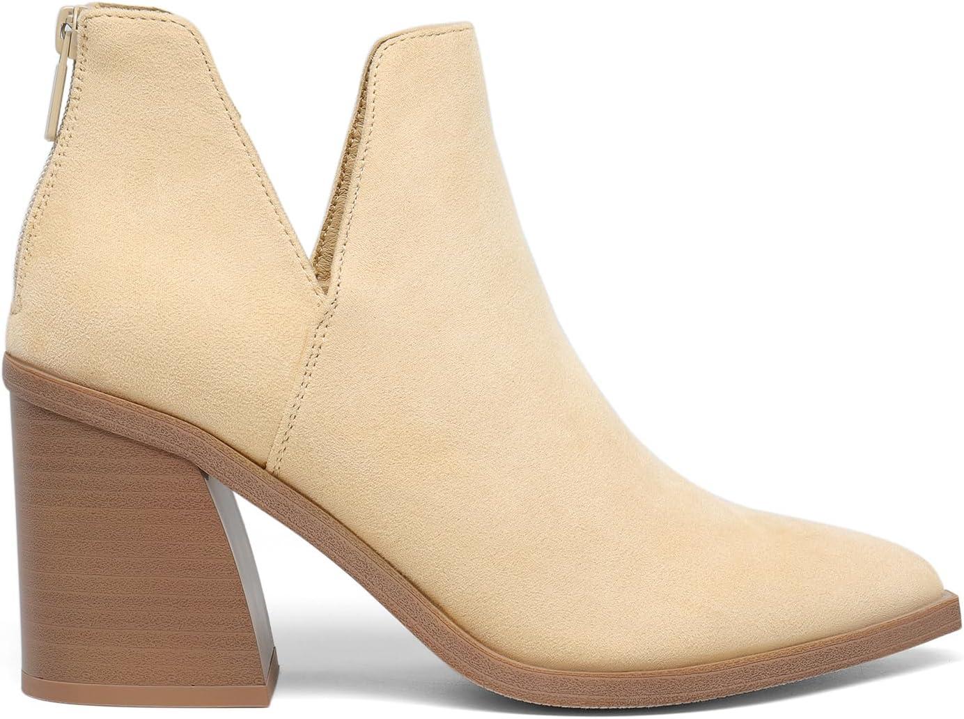 imageDREAM PAIRS Womens Ankle Boots Chunky Heel Pointed Toe Short Booties ShoesNudesuede