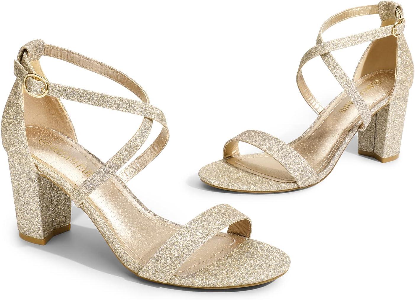 imageDREAM PAIRS Womens Ankle Strap Dress Low Chunky Block Open Toe Heel Sandals for Party WeddingGoldglitter