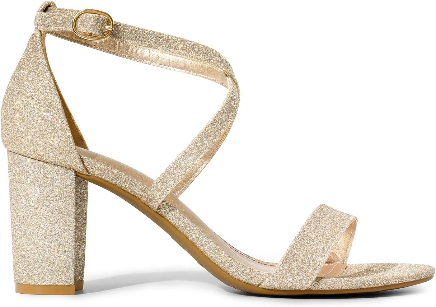 imageDREAM PAIRS Womens Ankle Strap Dress Low Chunky Block Open Toe Heel Sandals for Party WeddingGoldglitter