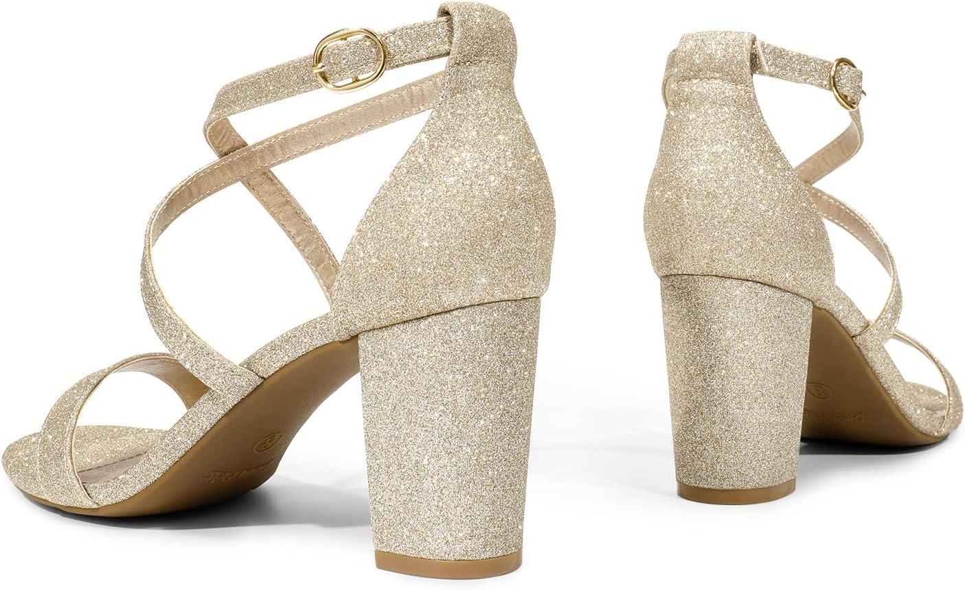 imageDREAM PAIRS Womens Ankle Strap Dress Low Chunky Block Open Toe Heel Sandals for Party WeddingGoldglitter