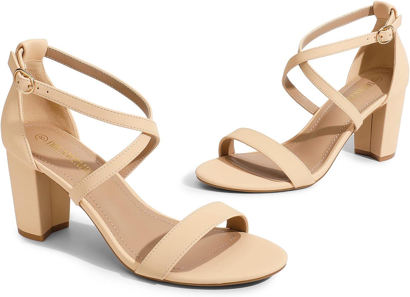 imageDREAM PAIRS Womens Ankle Strap Dress Low Chunky Block Open Toe Heel Sandals for Party WeddingNudenubuck
