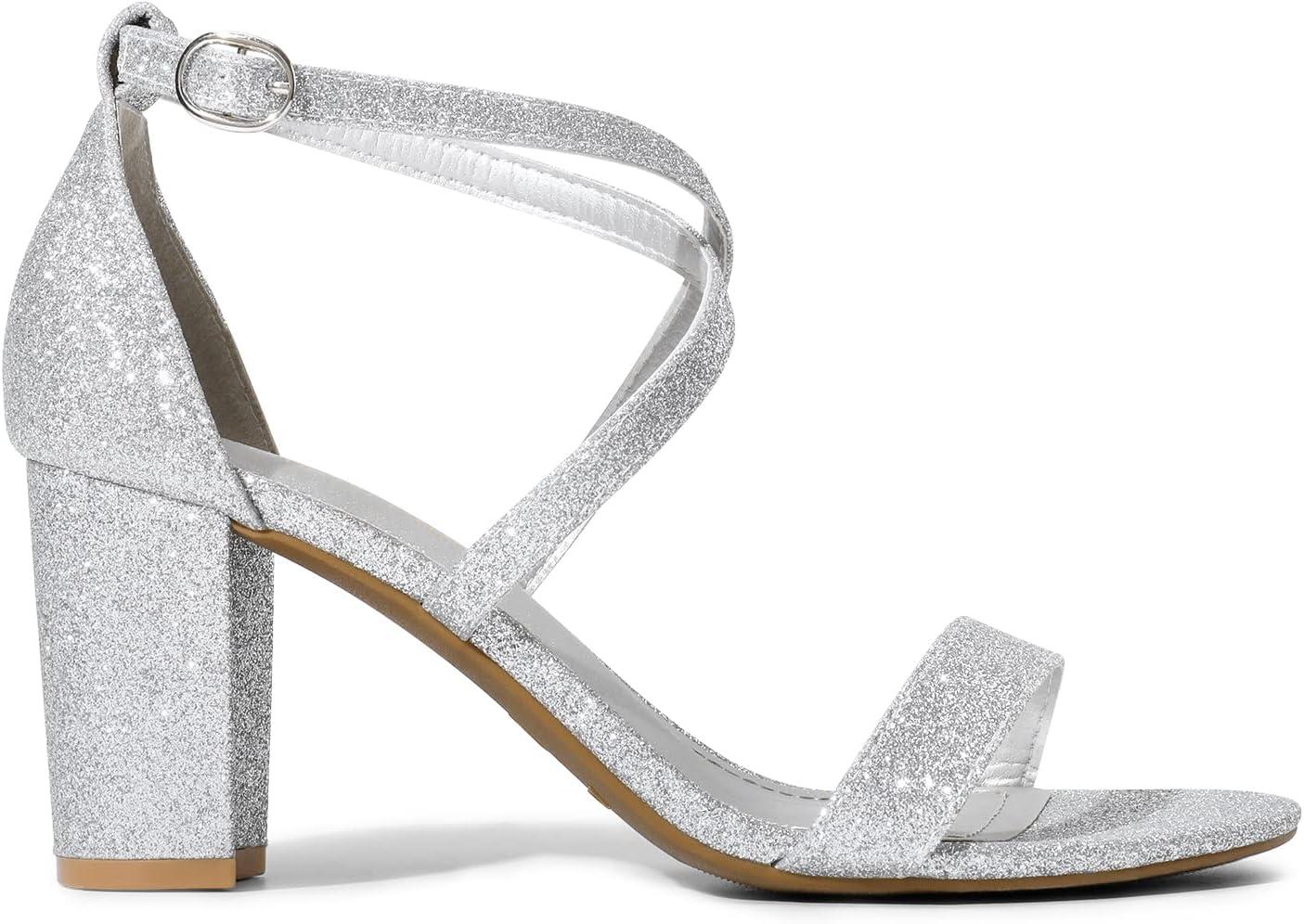 imageDREAM PAIRS Womens Ankle Strap Dress Low Chunky Block Open Toe Heel Sandals for Party WeddingSilverglitter