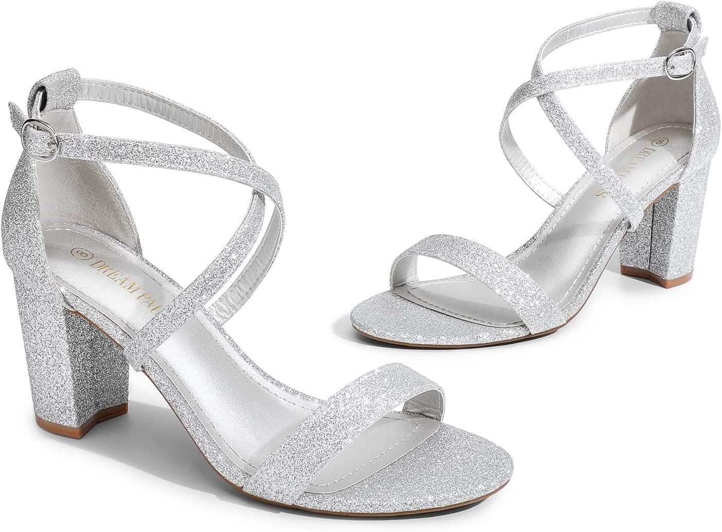 imageDREAM PAIRS Womens Ankle Strap Dress Low Chunky Block Open Toe Heel Sandals for Party WeddingSilverglitter