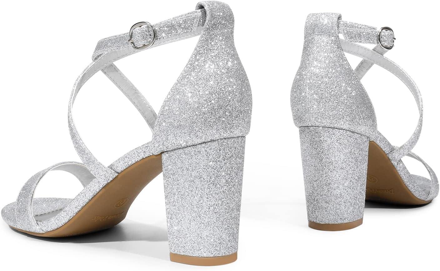 imageDREAM PAIRS Womens Ankle Strap Dress Low Chunky Block Open Toe Heel Sandals for Party WeddingSilverglitter
