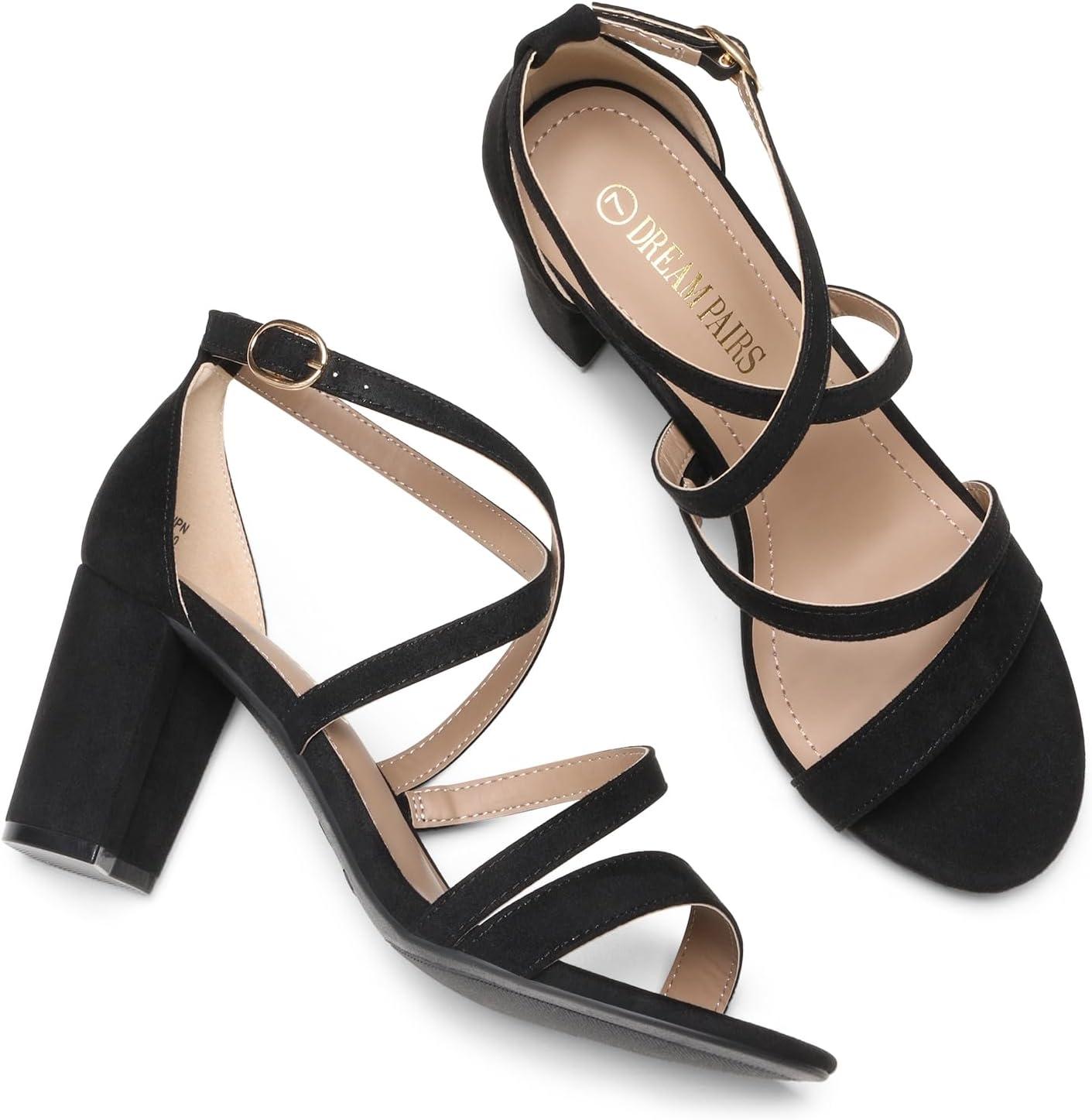 imageDREAM PAIRS Womens Ankle Strap Dress Pump Low Chunky Heel SandalsBlackSuede