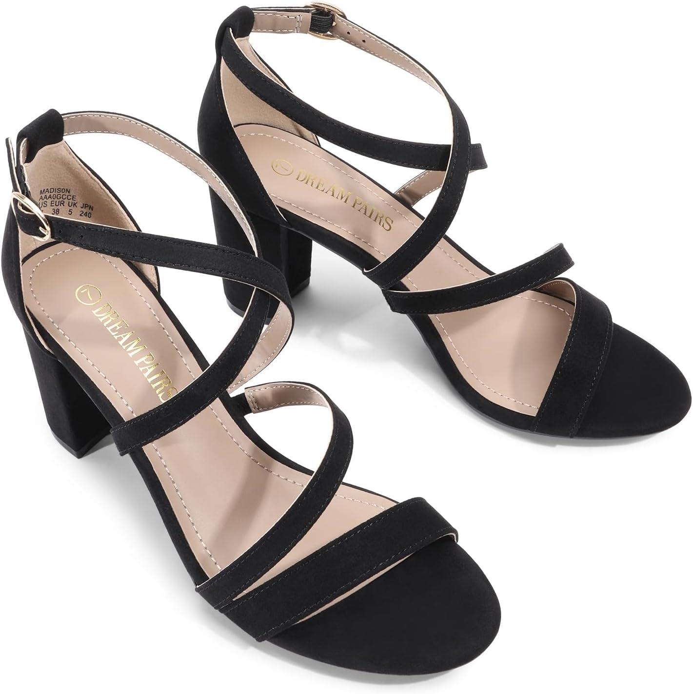 imageDREAM PAIRS Womens Ankle Strap Dress Pump Low Chunky Heel SandalsBlackSuede