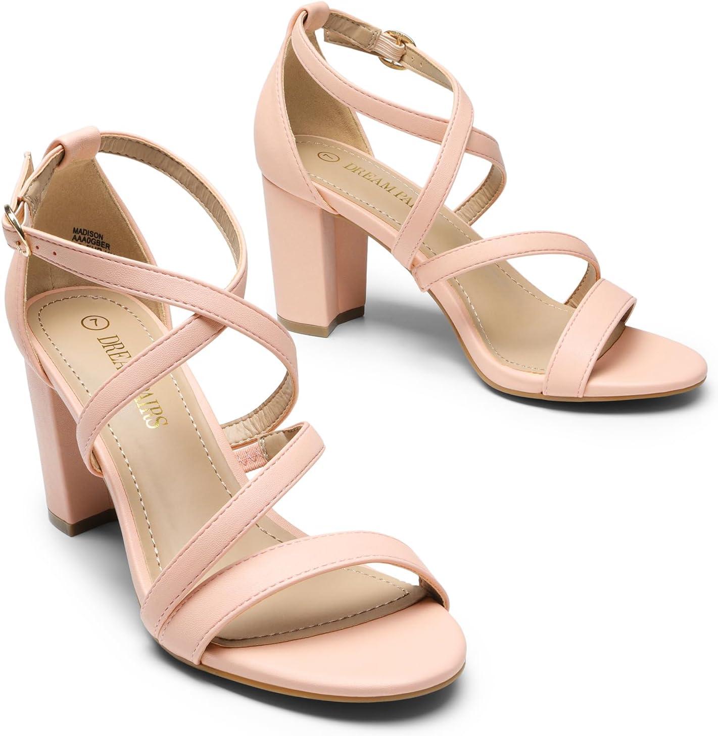 imageDREAM PAIRS Womens Ankle Strap Dress Pump Low Chunky Heel SandalsBlushPu