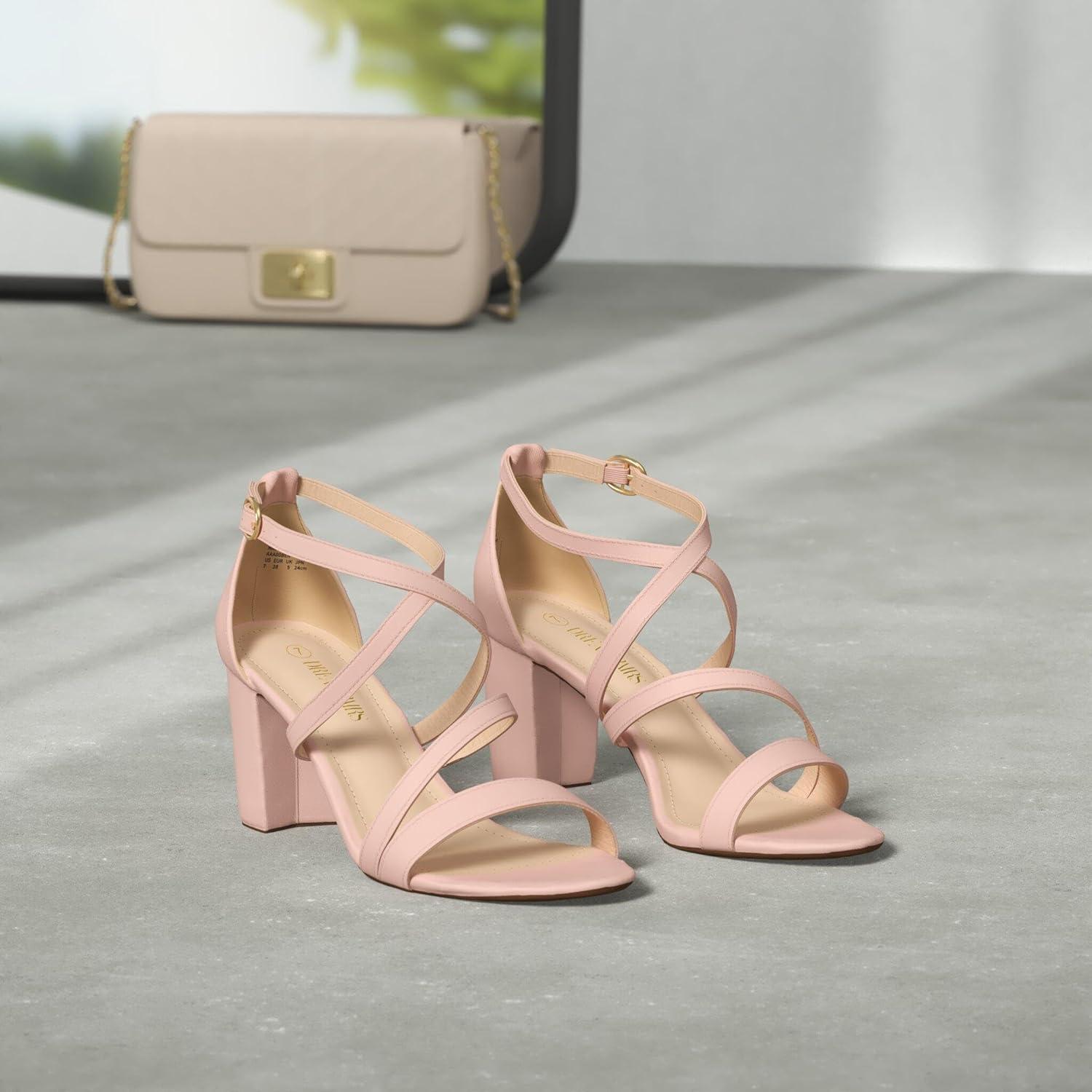 imageDREAM PAIRS Womens Ankle Strap Dress Pump Low Chunky Heel SandalsBlushPu