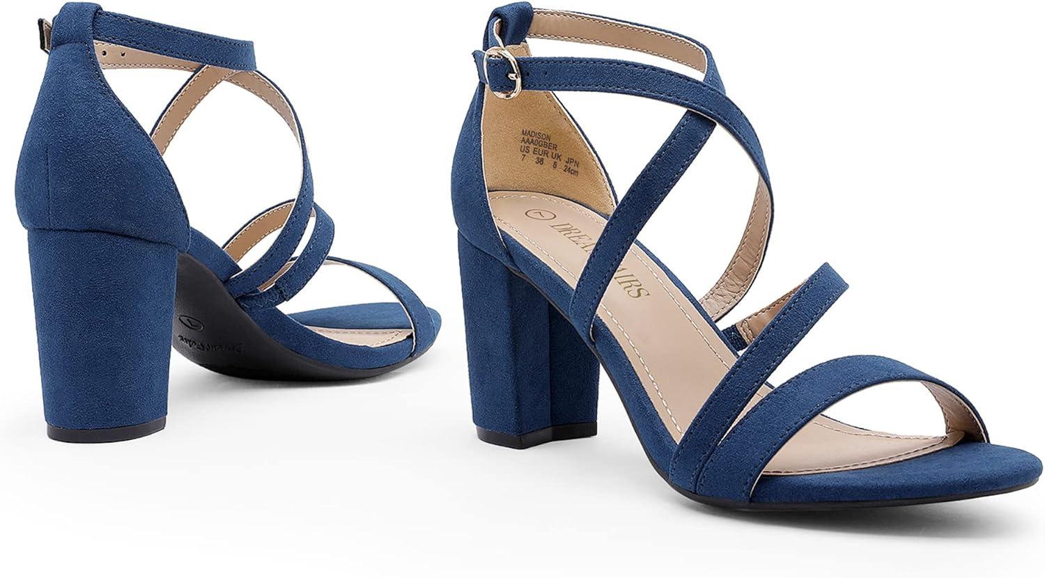 imageDREAM PAIRS Womens Ankle Strap Dress Pump Low Chunky Heel SandalsNavySuede