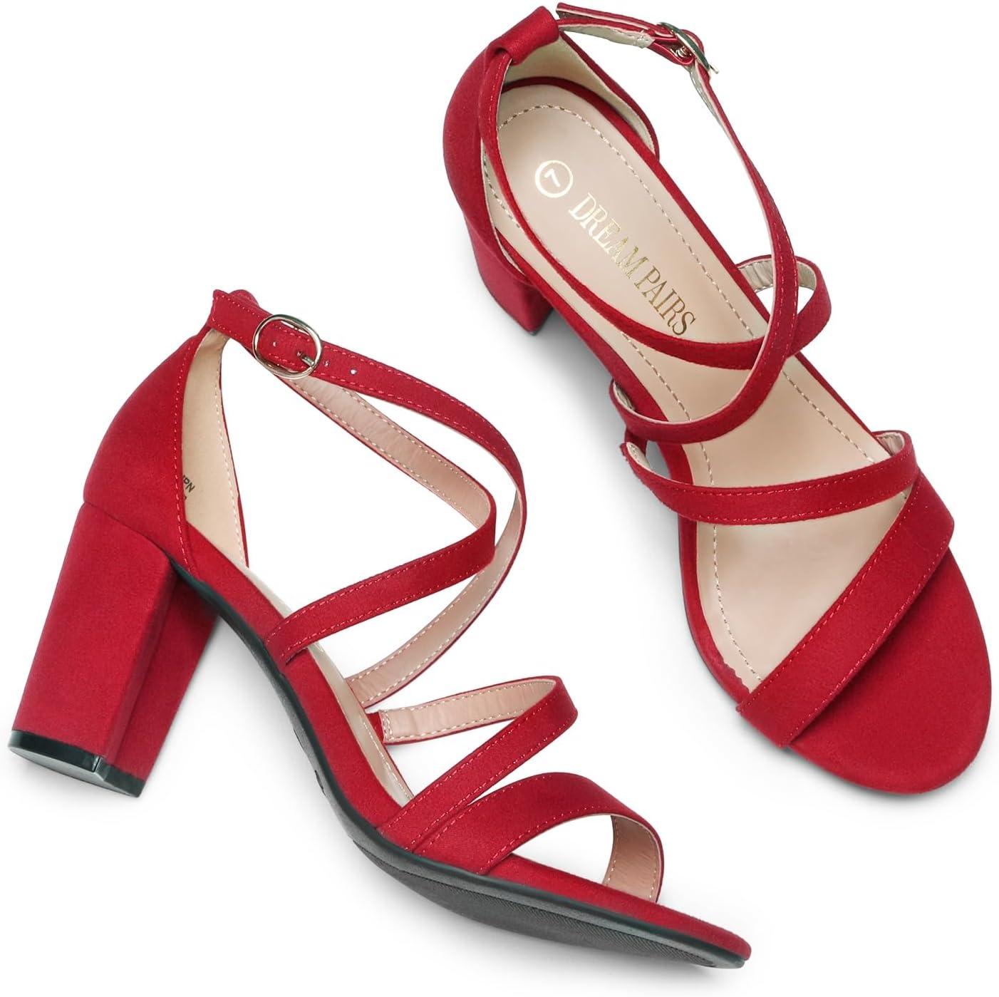 imageDREAM PAIRS Womens Ankle Strap Dress Pump Low Chunky Heel SandalsRedSuede