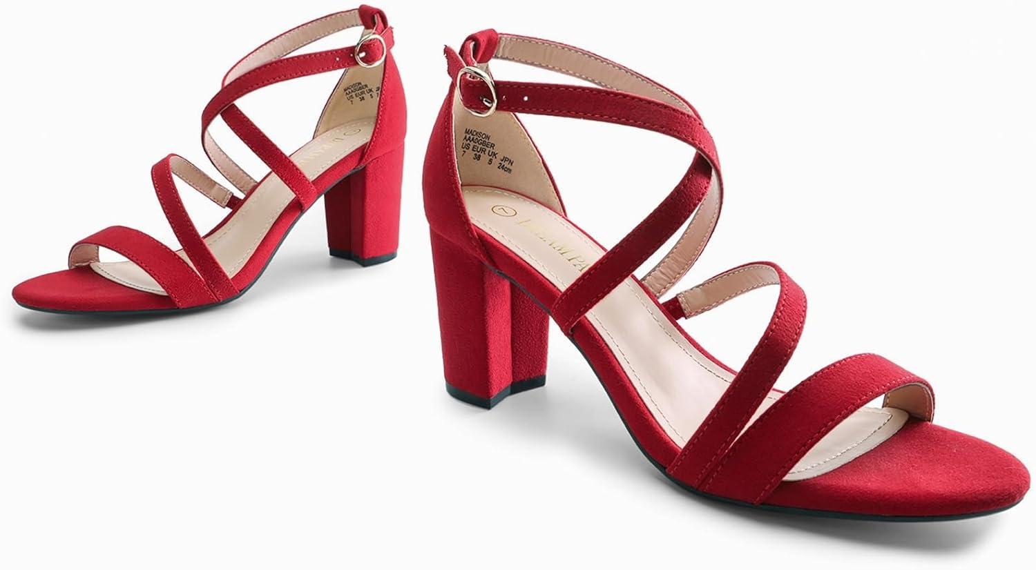 imageDREAM PAIRS Womens Ankle Strap Dress Pump Low Chunky Heel SandalsRedSuede