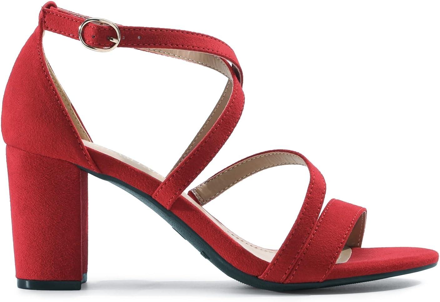 imageDREAM PAIRS Womens Ankle Strap Dress Pump Low Chunky Heel SandalsRedSuede