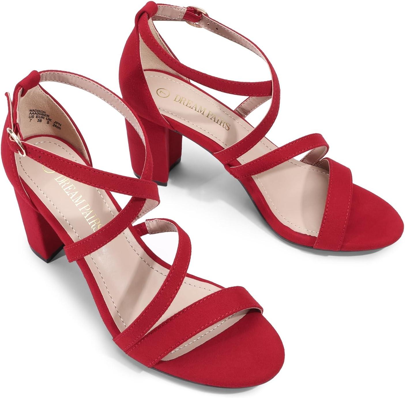 imageDREAM PAIRS Womens Ankle Strap Dress Pump Low Chunky Heel SandalsRedSuede