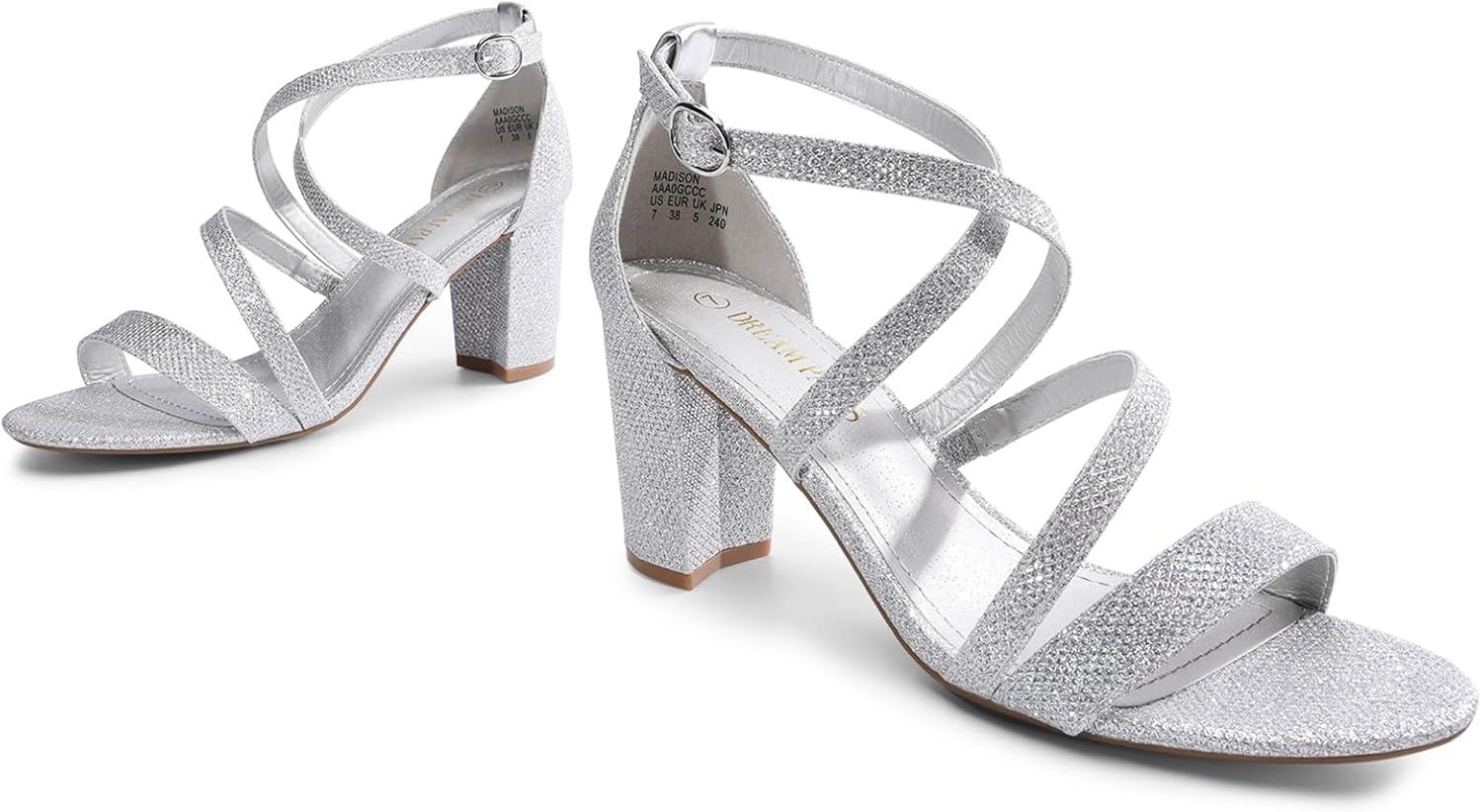 imageDREAM PAIRS Womens Ankle Strap Dress Pump Low Chunky Heel SandalsSilverGlitter