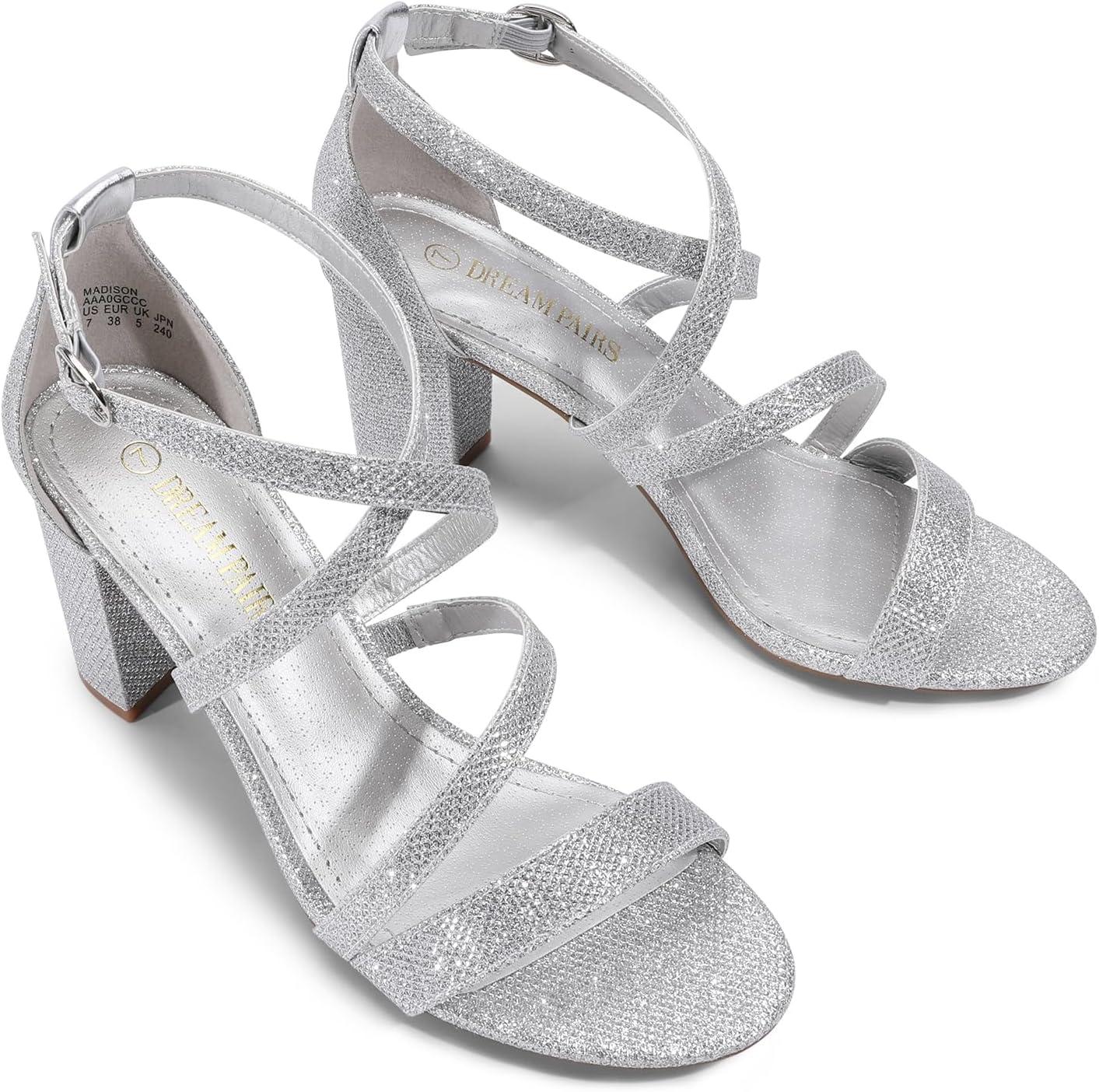 imageDREAM PAIRS Womens Ankle Strap Dress Pump Low Chunky Heel SandalsSilverGlitter