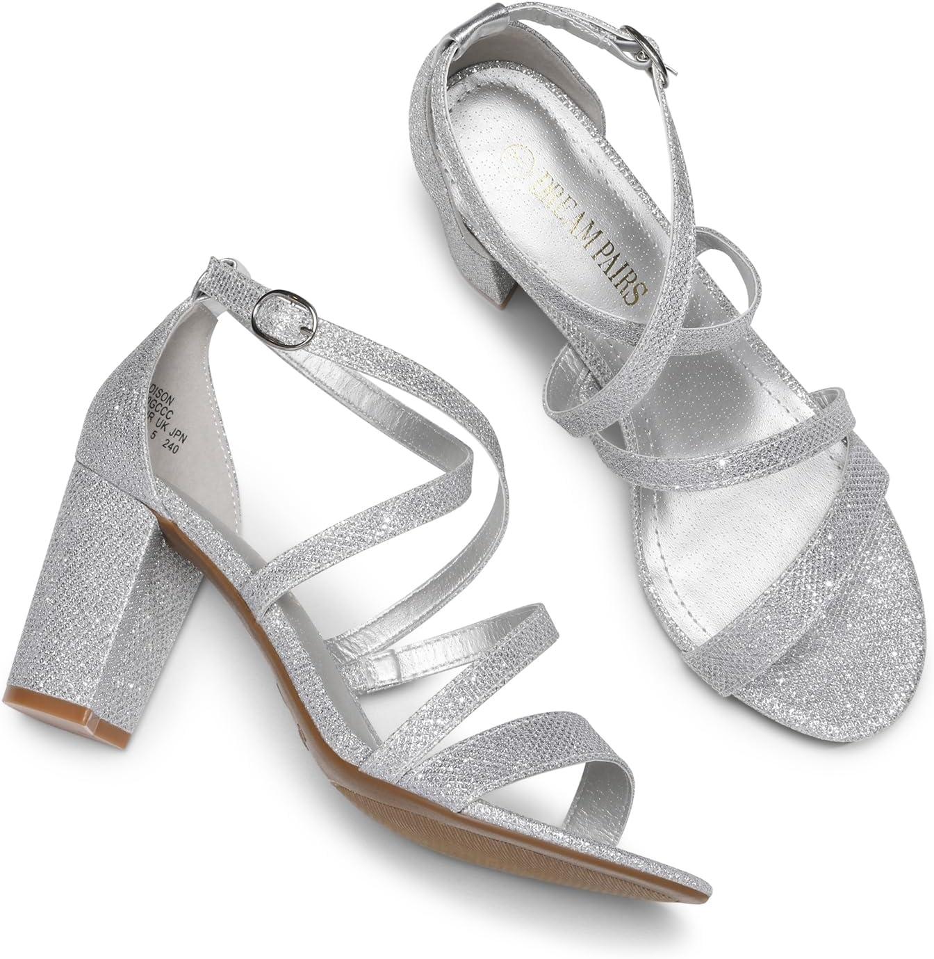 imageDREAM PAIRS Womens Ankle Strap Dress Pump Low Chunky Heel SandalsSilverGlitter
