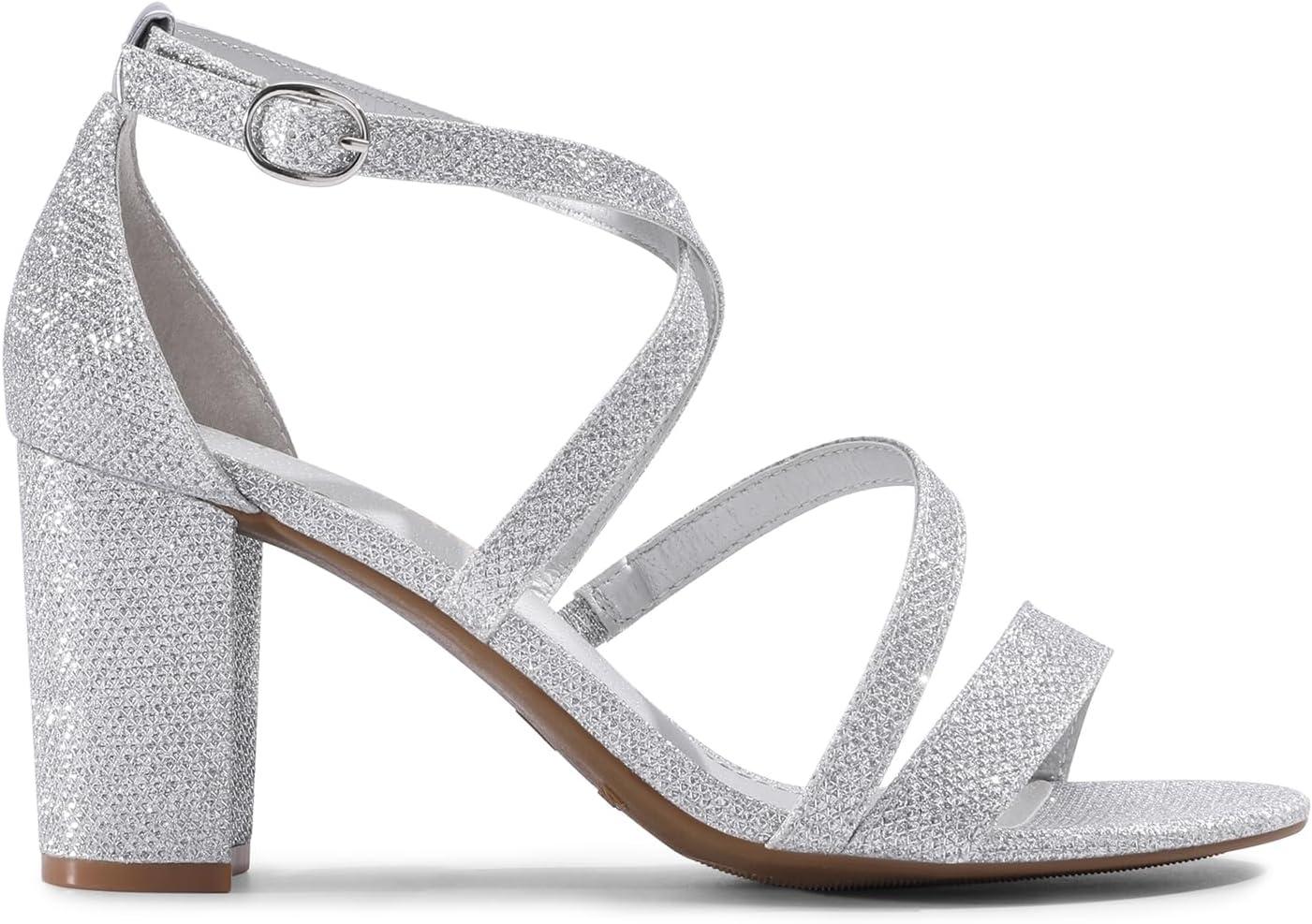 imageDREAM PAIRS Womens Ankle Strap Dress Pump Low Chunky Heel SandalsSilverGlitter