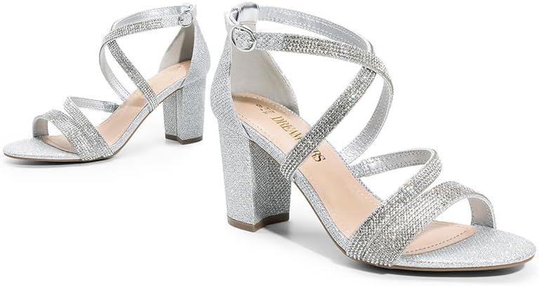 imageDREAM PAIRS Womens Ankle Strap Dress Pump Low Chunky Heel SandalsSilverrhinestone