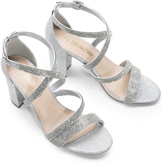 imageDREAM PAIRS Womens Ankle Strap Dress Pump Low Chunky Heel SandalsSilverrhinestone