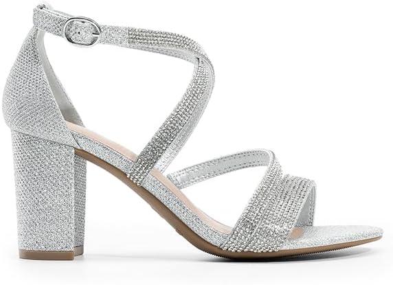 imageDREAM PAIRS Womens Ankle Strap Dress Pump Low Chunky Heel SandalsSilverrhinestone