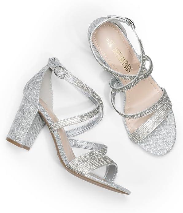 imageDREAM PAIRS Womens Ankle Strap Dress Pump Low Chunky Heel SandalsSilverrhinestone