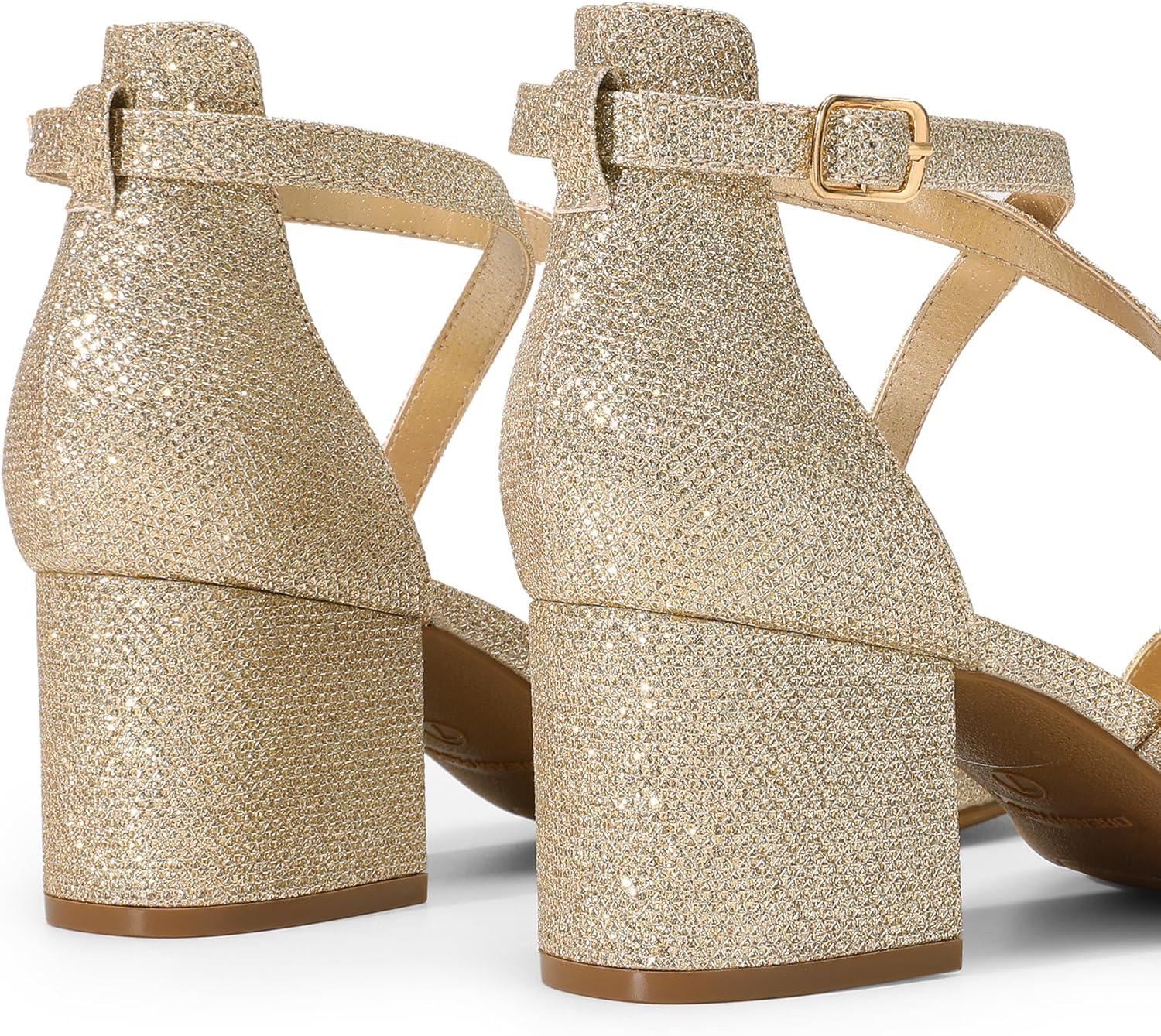 imageDREAM PAIRS Womens Ankle Strap Low Chunky Heels Open Toe Blocked Strappy Sandals Dress Shoes for Wedding Bridal PartyGold