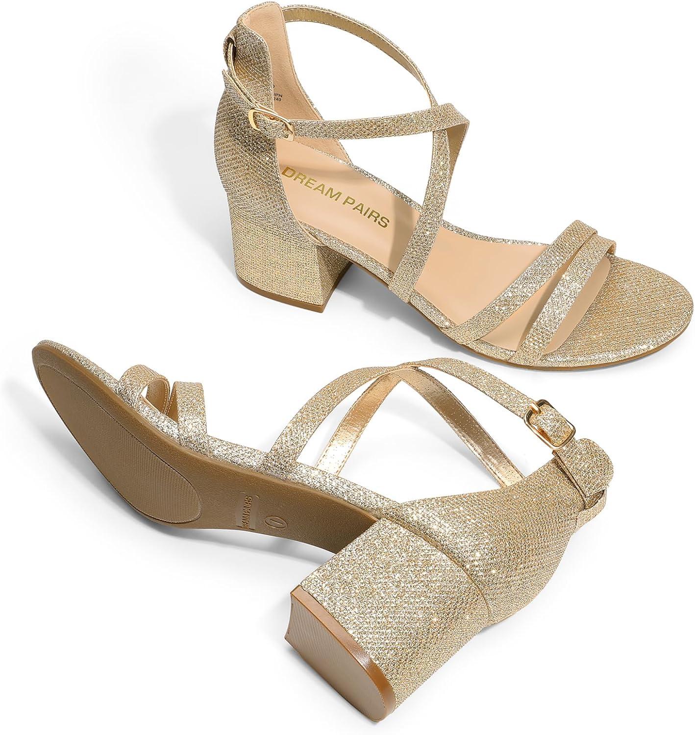 imageDREAM PAIRS Womens Ankle Strap Low Chunky Heels Open Toe Blocked Strappy Sandals Dress Shoes for Wedding Bridal PartyGold