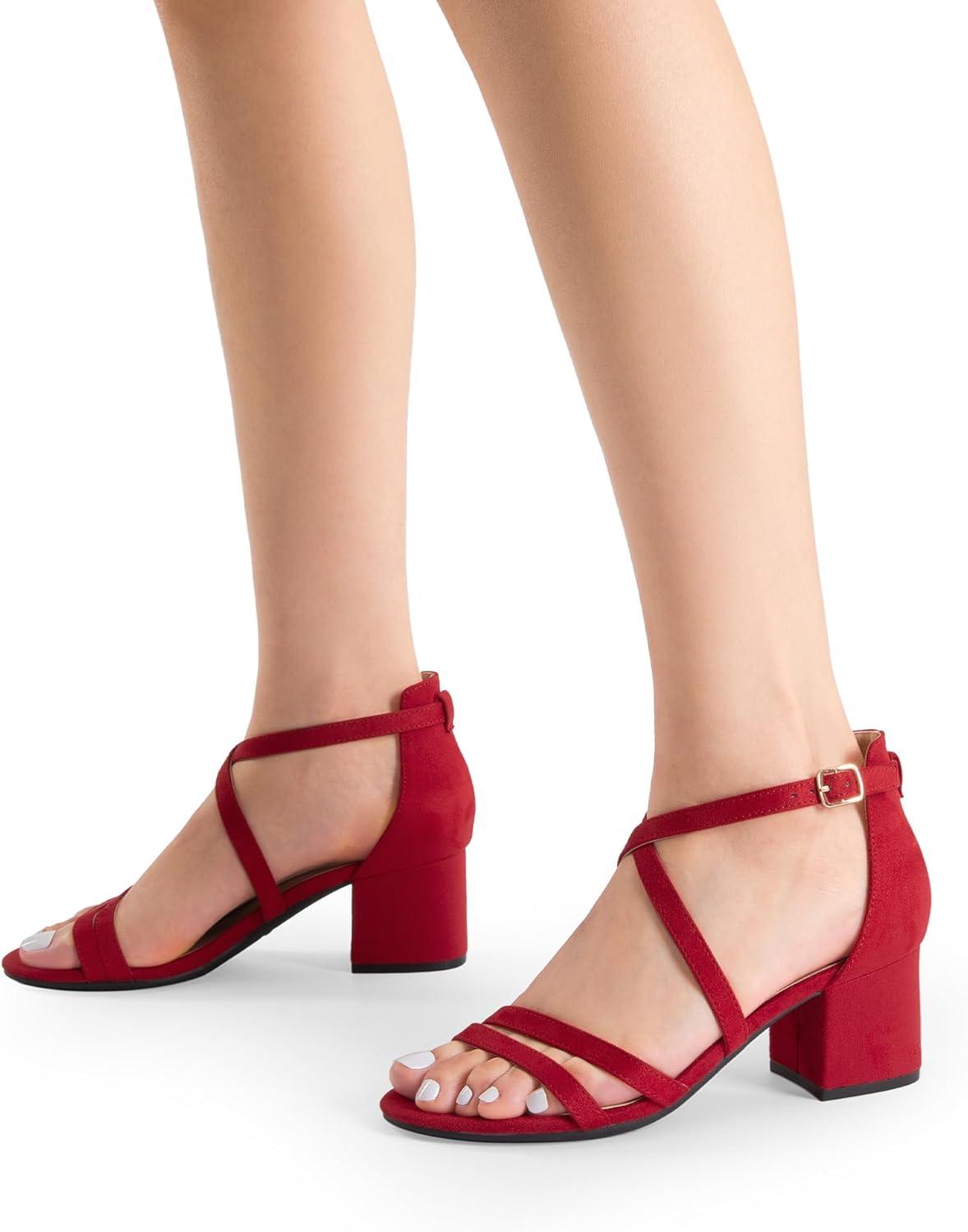 imageDREAM PAIRS Womens Ankle Strap Low Chunky Heels Open Toe Blocked Strappy Sandals Dress Shoes for Wedding Bridal PartyRed