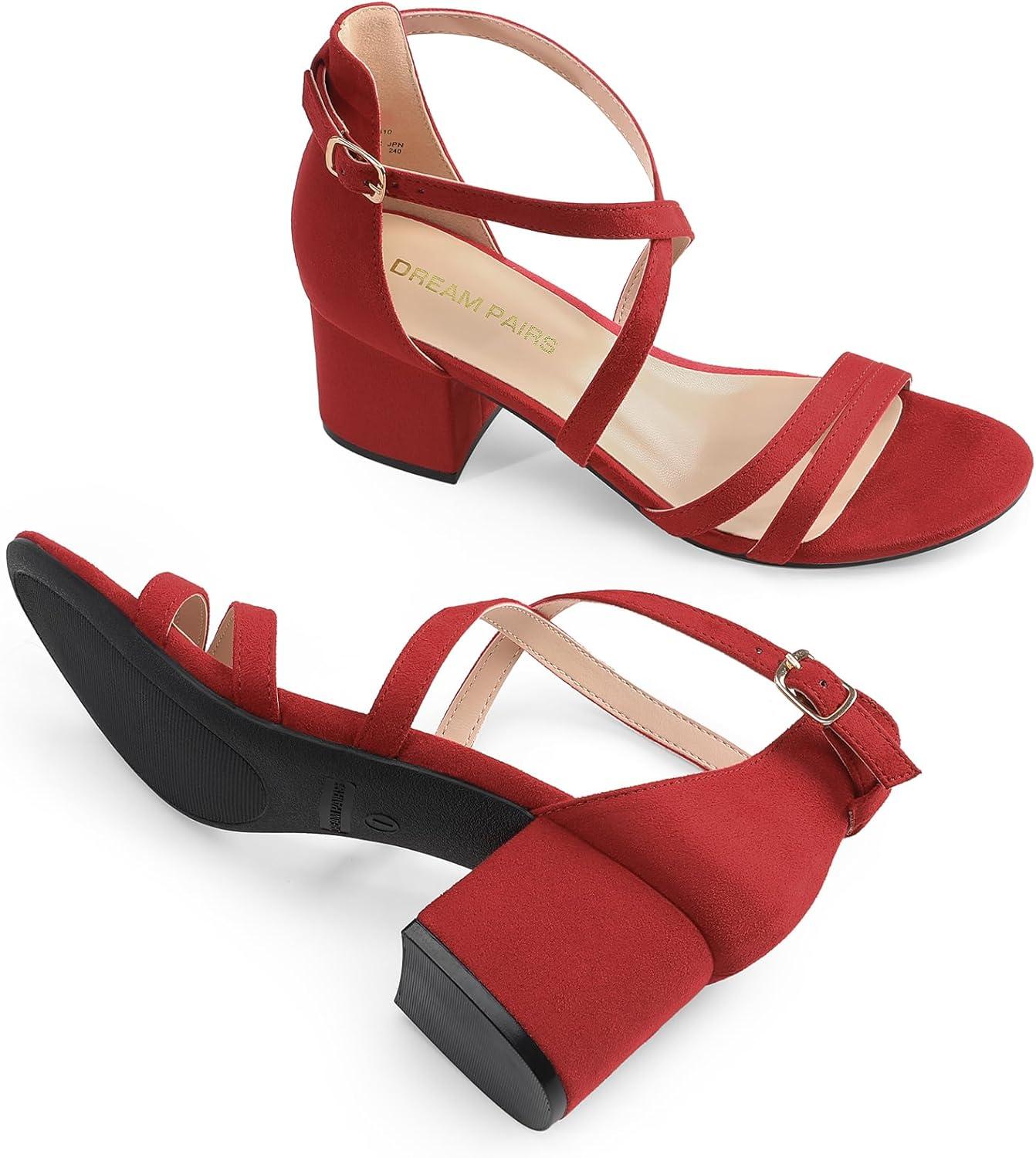imageDREAM PAIRS Womens Ankle Strap Low Chunky Heels Open Toe Blocked Strappy Sandals Dress Shoes for Wedding Bridal PartyRed