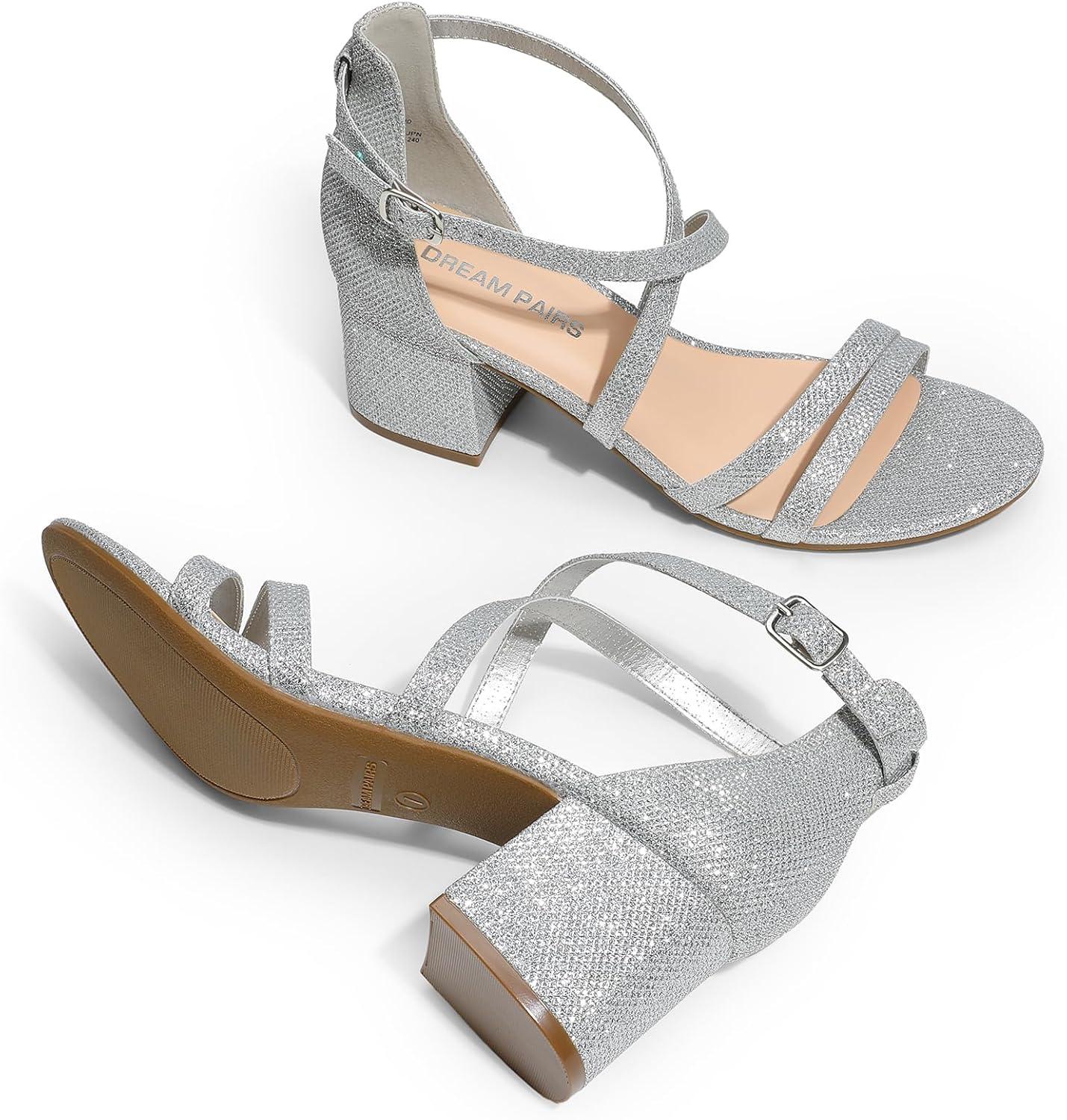 imageDREAM PAIRS Womens Ankle Strap Low Chunky Heels Open Toe Blocked Strappy Sandals Dress Shoes for Wedding Bridal PartySilver