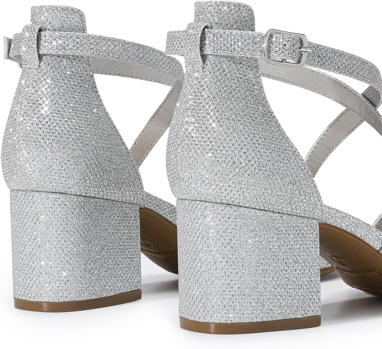 imageDREAM PAIRS Womens Ankle Strap Low Chunky Heels Open Toe Blocked Strappy Sandals Dress Shoes for Wedding Bridal PartySilver