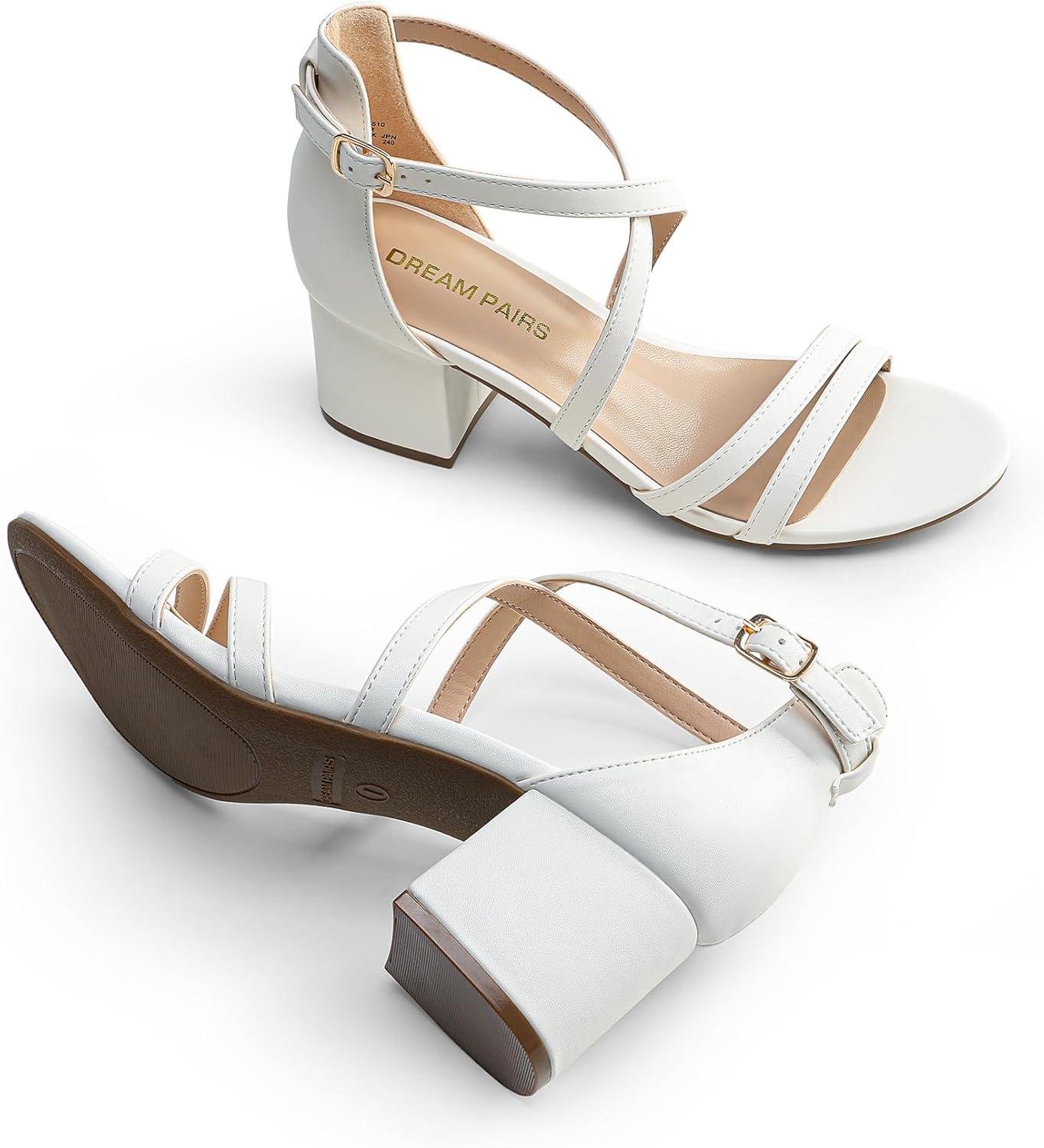 imageDREAM PAIRS Womens Ankle Strap Low Chunky Heels Open Toe Blocked Strappy Sandals Dress Shoes for Wedding Bridal PartyWhite