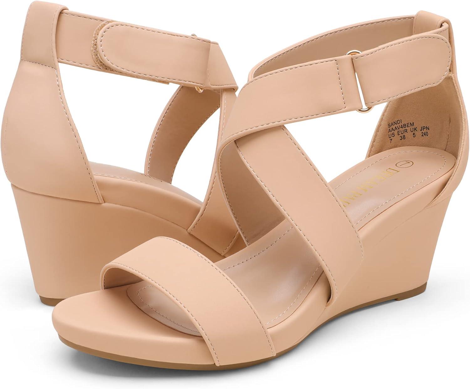 imageDREAM PAIRS Womens Ankle Strap Wedge Sandals Comfortable Open Toe Summer Dress ShoesNudeNubuck