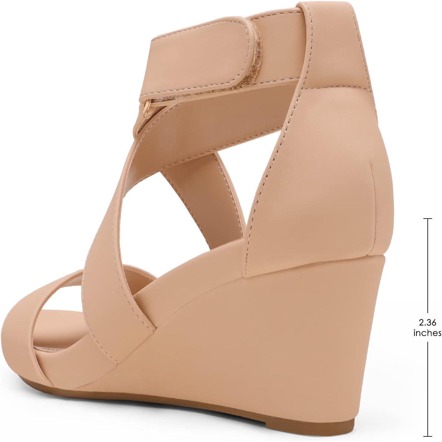 imageDREAM PAIRS Womens Ankle Strap Wedge Sandals Comfortable Open Toe Summer Dress ShoesNudeNubuck